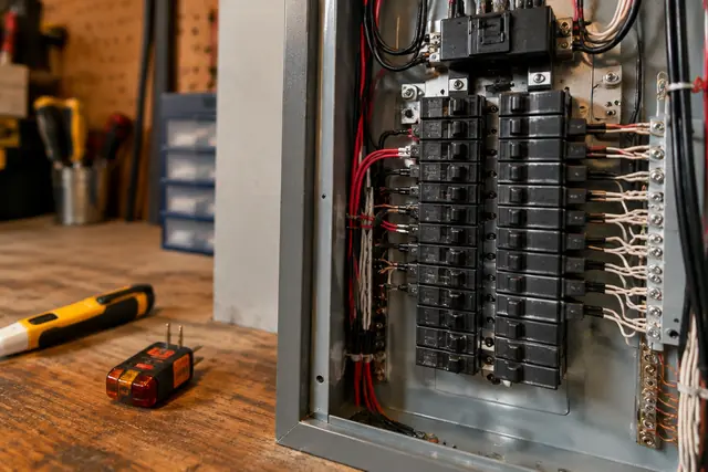 An open breaker panel with a voltage tester pen and an outlet tester on a workbench beside it