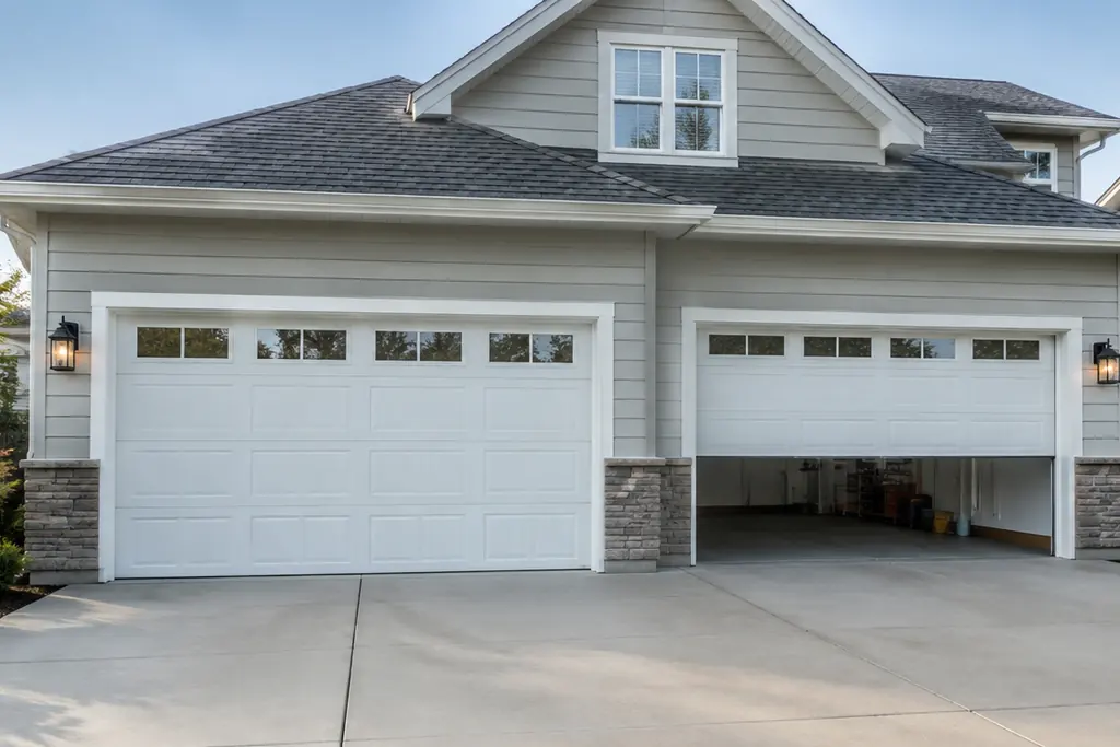 A two-car home with white garage doors, one raised slightly to show the garage interior