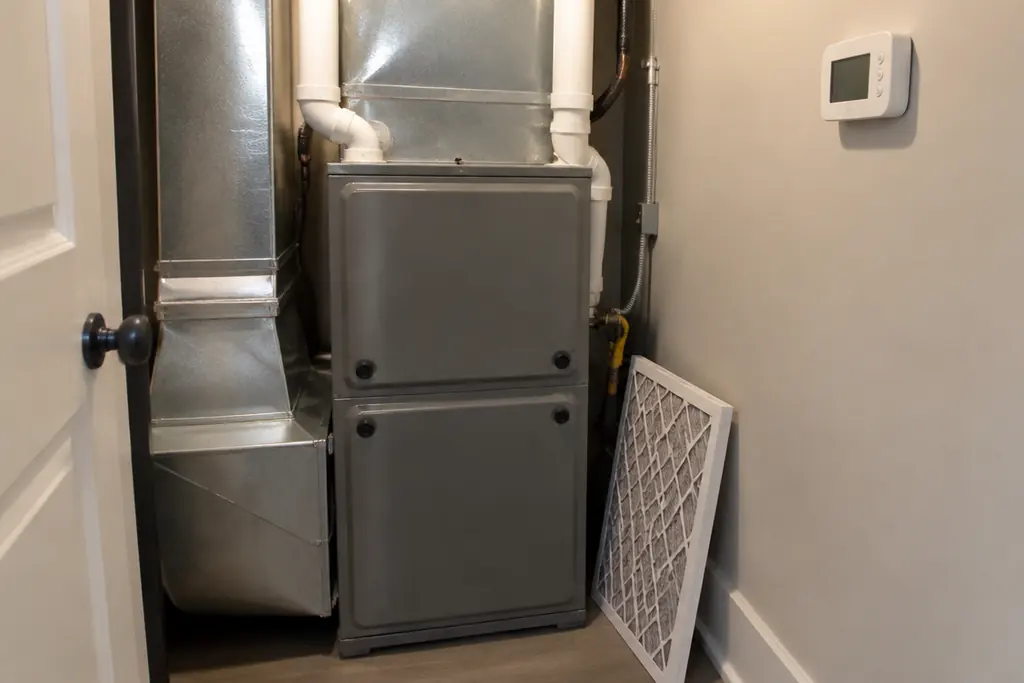 A home furnace in a utility closet with a new air filter leaning beside it and a thermostat on the wall