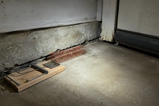 A snap trap and copper mesh beside a small gap along a basement baseboard, lit by a flashlight beam