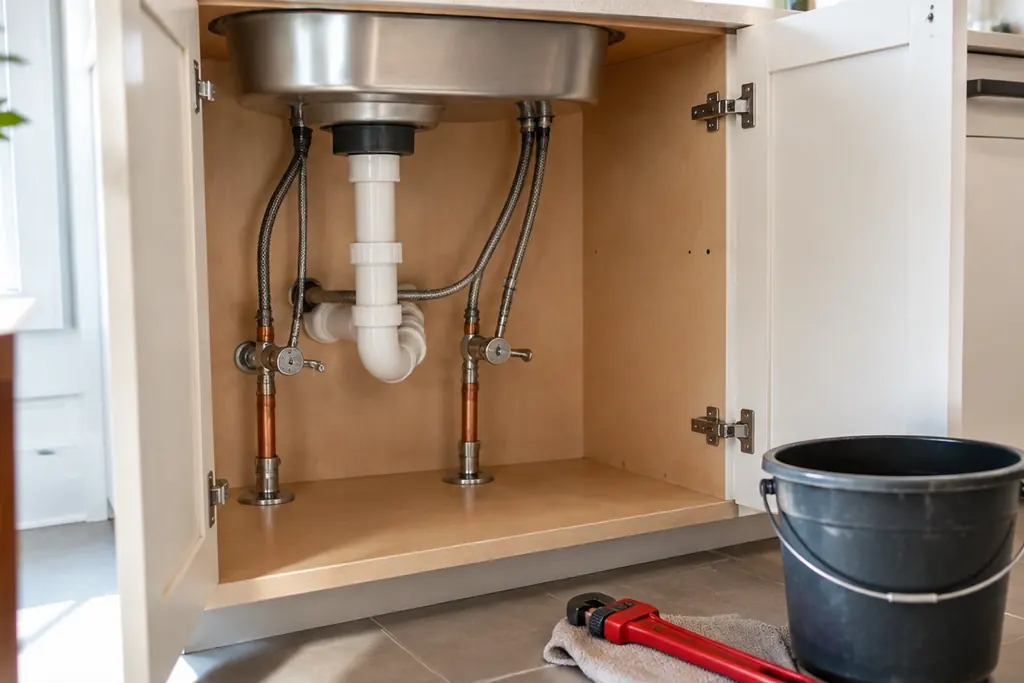 An open under-sink cabinet showing supply lines and a shutoff valve, with a bucket and pipe wrench on the floor