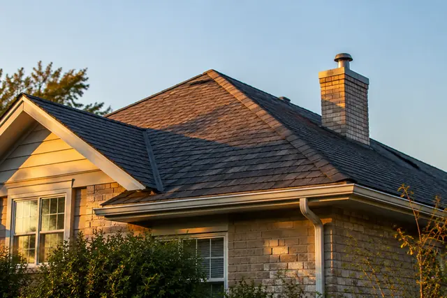 A suburban house roof with asphalt shingles and a chimney, lit by evening sun