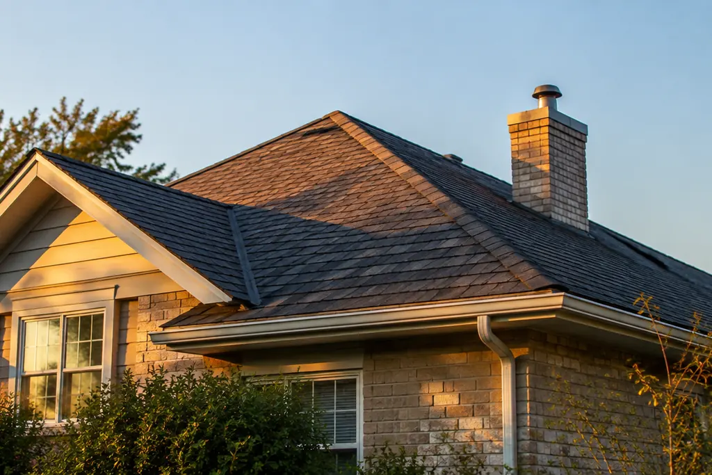 A suburban house roof with asphalt shingles and a chimney, lit by evening sun