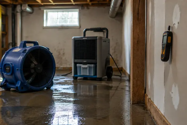 An air mover fan and dehumidifier running on a wet basement floor, with a moisture meter on the wall