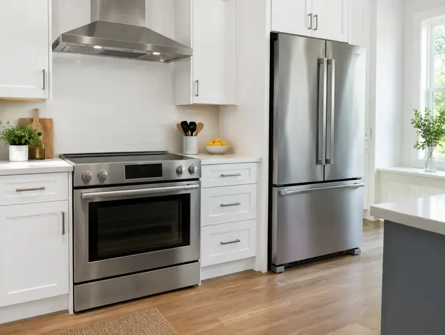 Bright kitchen with an electric range and refrigerator
