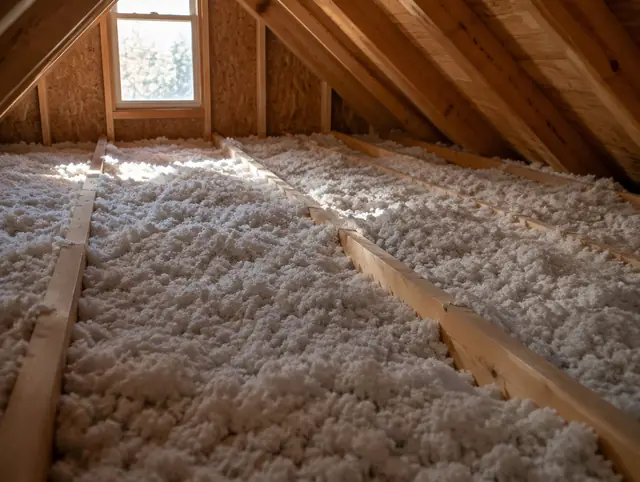 Blown-in insulation between attic joists