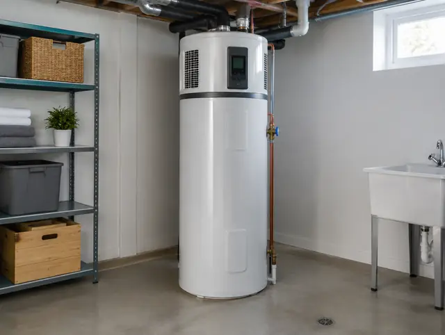 Heat pump water heater in a home utility room