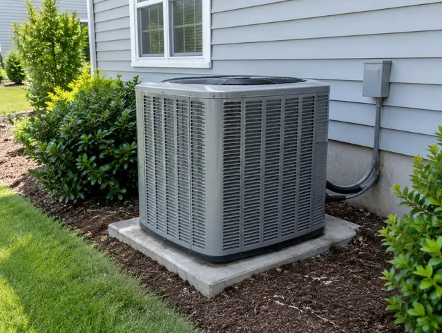 Outdoor heat pump unit beside a house
