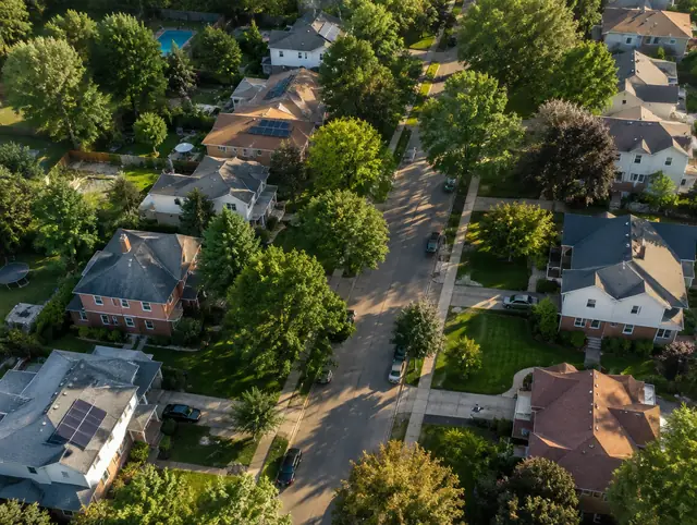 Aerial view of a suburban neighborhood
