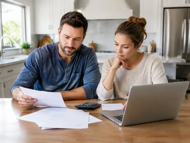 Homeowners reviewing paperwork at a kitchen table