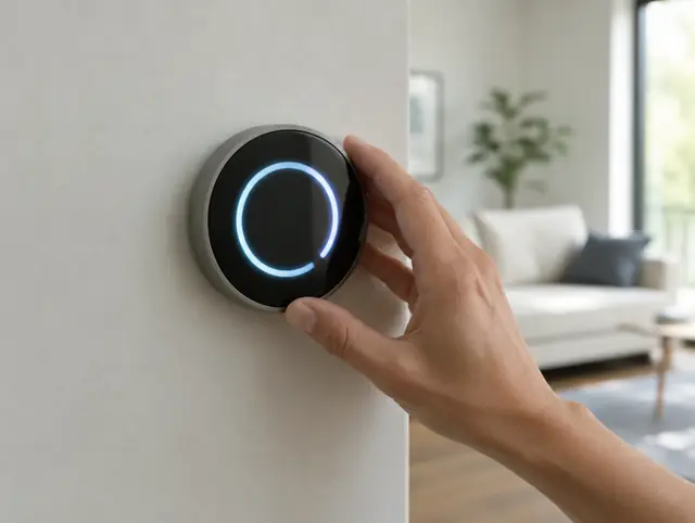 Hand adjusting a smart thermostat on a wall