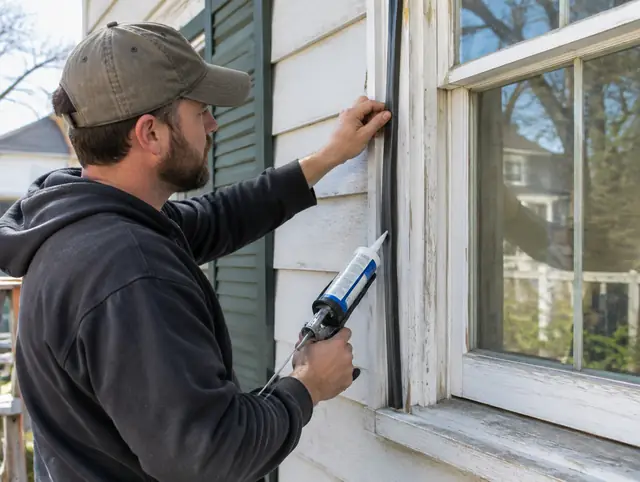 Contractor sealing a window frame with caulk