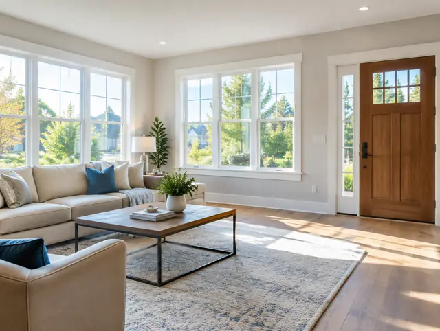 Bright living room with new windows and a front door